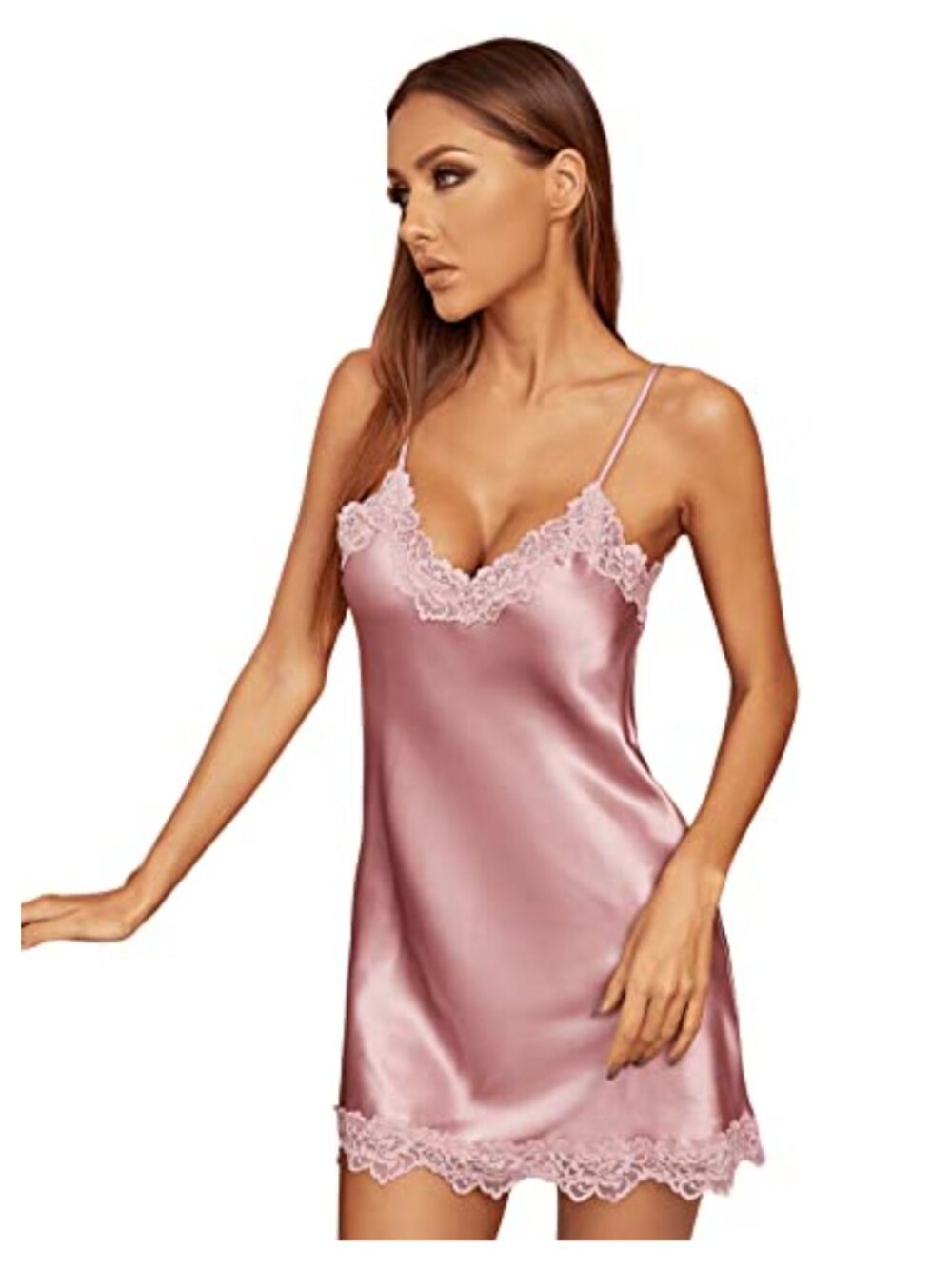 Satin Lace V Neck Sleeveless Nightgown Sleepwear Cami Dress